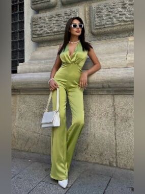 Zara Satin Halter Neck Wide Leg Jumpsuit Olive Green Size Small Blogger Favorite